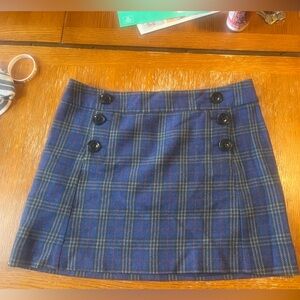 Wool blend blue plaid mini skirt with buttons